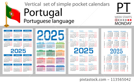 Portuguese vertical set of pocket calendar for 2025. Week starts Monday Portuguese vertical set of pocket calendar for 2025. Week starts Monday 113565042