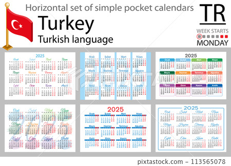 Turkish horizontal set of pocket calendar for 2025. Week starts Monday 113565078