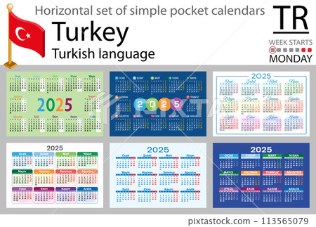 Turkish horizontal set of pocket calendar for 2025. Week starts Monday Turkish horizontal set of pocket calendar for 2025. Week starts Monday 113565079