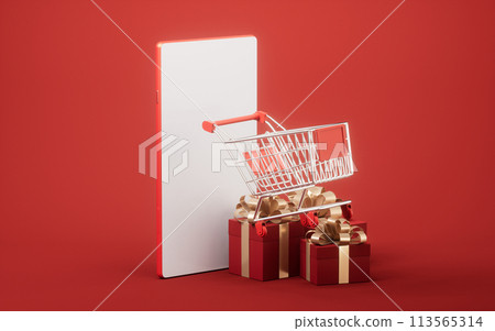 Gift box and shopping cart, 3d rendering. Gift box and shopping cart, 3d rendering. 113565314