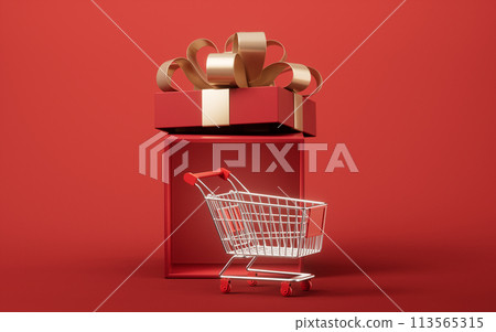 Gift box and shopping cart, 3d rendering. Gift box and shopping cart, 3d rendering. 113565315