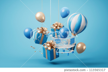 Gift box and shopping cart, 3d rendering. Gift box and shopping cart, 3d rendering. 113565317