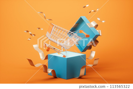 Gift box and shopping cart, 3d rendering. Gift box and shopping cart, 3d rendering. 113565322