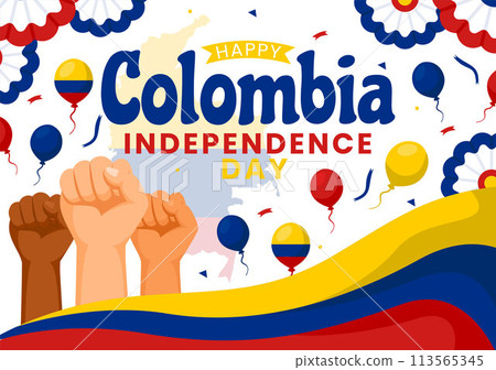 Happy Colombia Independence Day Vector Illustration on 20 July with Waving Flag and Ribbon in National Holiday Celebration Flat Cartoon Background 113565345