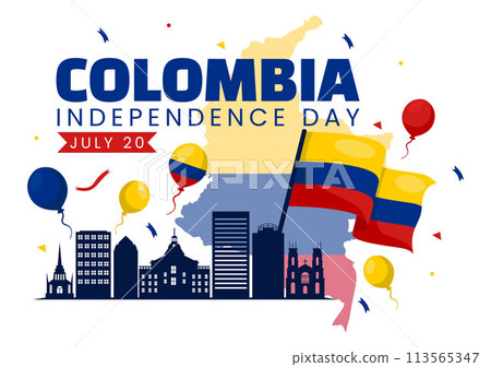 Happy Colombia Independence Day Vector Illustration on 20 July with Waving Flag and Ribbon in National Holiday Celebration Flat Cartoon Background 113565347