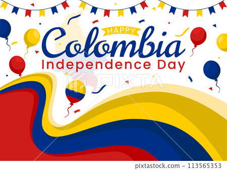 Happy Colombia Independence Day Vector Illustration on 20 July with Waving Flag and Ribbon in National Holiday Celebration Flat Cartoon Background 113565353