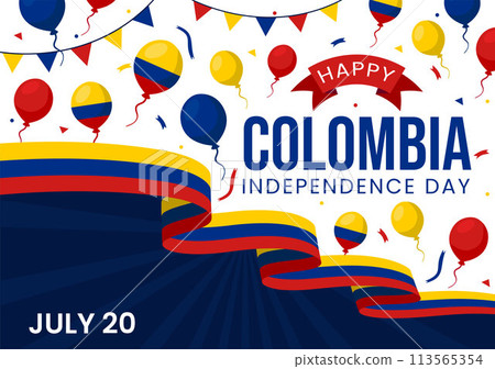 Happy Colombia Independence Day Vector Illustration on 20 July with Waving Flag and Ribbon in National Holiday Celebration Flat Cartoon Background 113565354