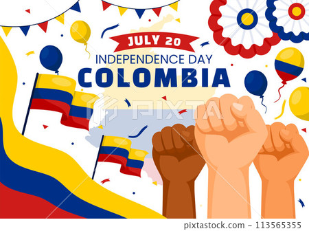 Happy Colombia Independence Day Vector Illustration on 20 July with Waving Flag and Ribbon in National Holiday Celebration Flat Cartoon Background 113565355