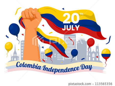 Happy Colombia Independence Day Vector Illustration on 20 July with Waving Flag and Ribbon in National Holiday Celebration Flat Cartoon Background 113565356