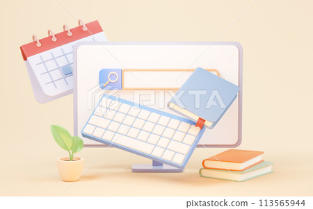 Workspace with computer and books, 3d rendering. Workspace with computer and books, 3d rendering. 113565944