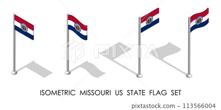 Isometric Missouri US state in static position and in motion on flagpole. Missouri map pin mark. 3d vector isolated on white background Isometric Missouri US state in static position and in motion on flagpole. Missouri map pin mark. 3d vector isolated on white background 113566004
