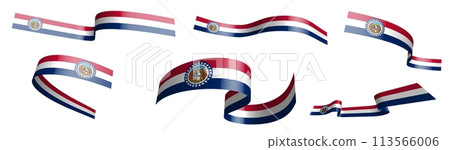Set of holiday ribbons. Flag of american state of Missouri waving in wind. Separation into lower and upper layers. Design element. Vector on white background 113566006