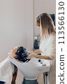 Young woman getting shampooed at a beauty salon 113566130
