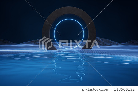 Digital space with round geometric door, 3d rendering. 113566152