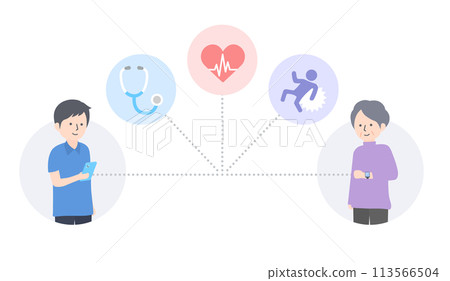 A son checks his mother's health condition on his smartphone while she is wearing a smartwatch 113566504