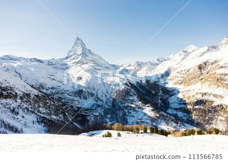View of the Matterhorn during the day in winter. Zermatt, Switzerland View of the Matterhorn during the day in winter. Zermatt, Switzerland 113566785