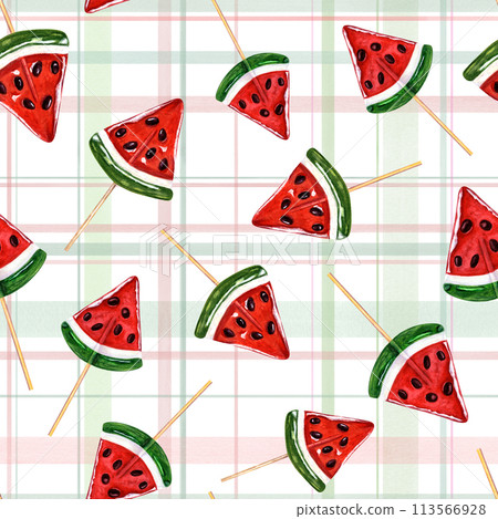 Caramel watermelon slices lying on checkered ornament. Candy food watercolor illustration. Vertical, horizontal crossed stripes background. Plaid repeat seamless pattern of sugar lollipops. 113566928