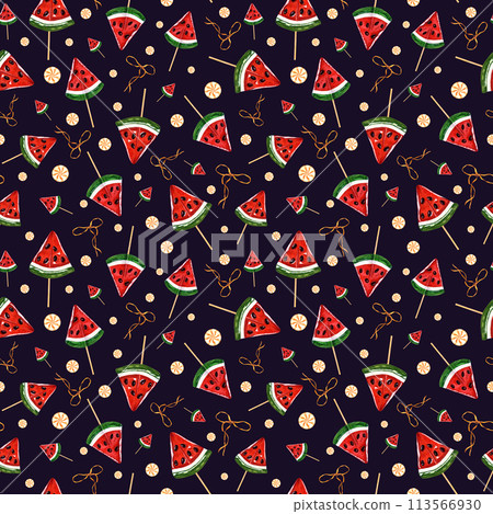 Caramel watermelon slices with chocolate seeds. Round yellow candies, golden ribbons. Fruit candy on stick. Seamless pattern of sugar lollipops. Watercolor illustration isolated on black background. 113566930