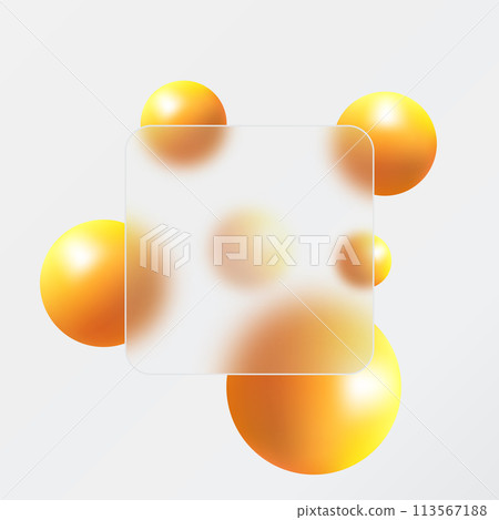 Glass morphism landing page with square frame. Illustration with blurry floating orange spheres. Glass morphism landing page with square frame. Illustration with blurry floating orange spheres. 113567188