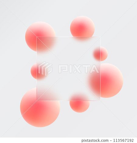 Glass morphism landing page with square frame. Vector illustration with blurry floating spheres. 113567192
