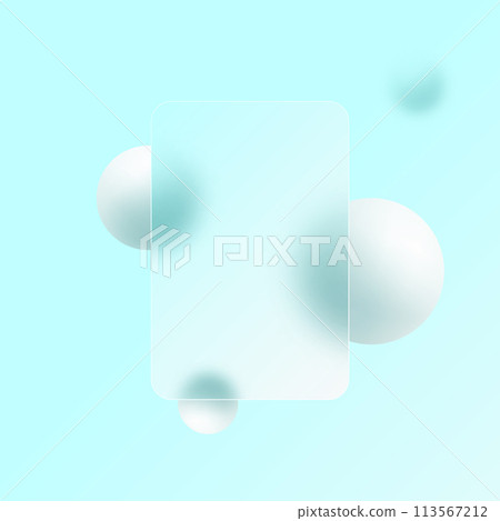 Abstract minimalistic background for a presentation slide in the style of glass morphism. Landing page template with 3D spheres. 113567212