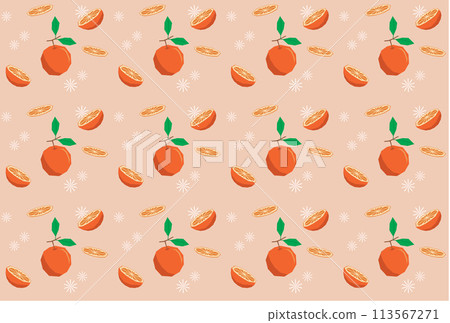 Illustration pattern, Repeating of abstract orange fruit with leaf on soft orange background. 113567271