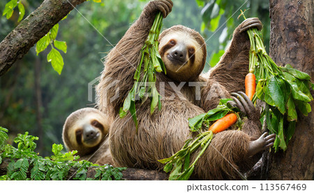 Sloth holding vegetables (AI-generated image) Sloth holding vegetables (AI-generated image) 113567469
