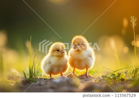 Adorable little yellow chicks roaming freely on green grass outdoors with ample copy space 113567529