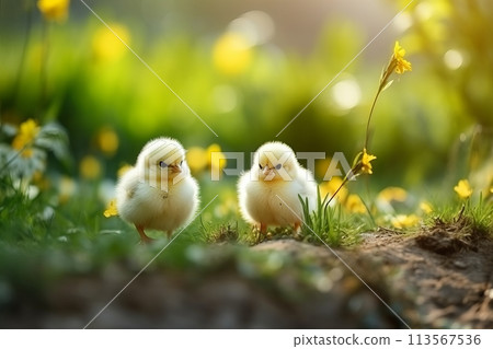 Lovely, playful baby chicks on fresh green grass, serene natural outdoor scene with ample copy space Lovely, playful baby chicks on fresh green grass, serene natural outdoor scene with ample copy space 113567536