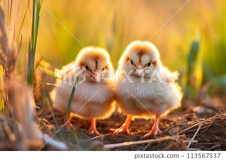 Adorable baby chicks enjoying outdoors, frolicking on lush green grass with ample copy space 113567537