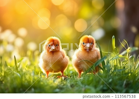 Playful little chicks surrounded by lush green grass, perfect for adding text or copy space 113567538