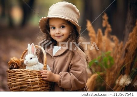 Innocent child embracing a delightful bunny outdoors - ample copy space for custom text Innocent child embracing a delightful bunny outdoors - ample copy space for custom text 113567541