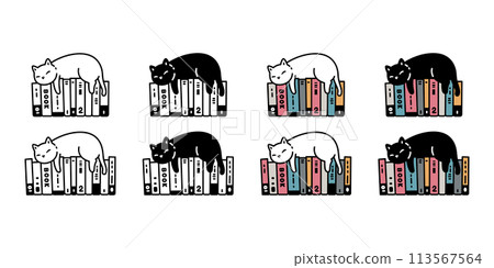 cat vector kitten icon sleeping book calico neko pet cartoon character munchkin illustration symbol clip art isolated design 113567564