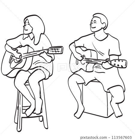 man and woman playing acoustic guitar illustration vector hand drawn isolated on white background man and woman playing acoustic guitar illustration vector hand drawn isolated on white background 113567603