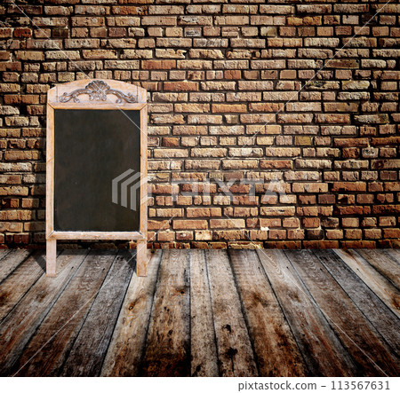 Interior scene with brick wall, wooden floor, advertising billboard in retro style chalkboard in wooden frame. Open space with old wall, wooden floor, cafe menu or pointer board. 3d render Interior scene with brick wall, wooden floor, advertising billboard in retro style chalkboard in wooden frame. Open space with old wall, wooden floor, cafe menu or pointer board. 3d render 113567631
