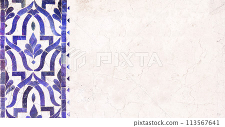 Detail of traditional persian mosaic wall with geometrical and floral ornament, Iran. Horizontal or vertical background with ceramic tile. Mock up template. Copy space for text Detail of traditional persian mosaic wall with geometrical and floral ornament, Iran. Horizontal or vertical background with ceramic tile. Mock up template. Copy space for text 113567641
