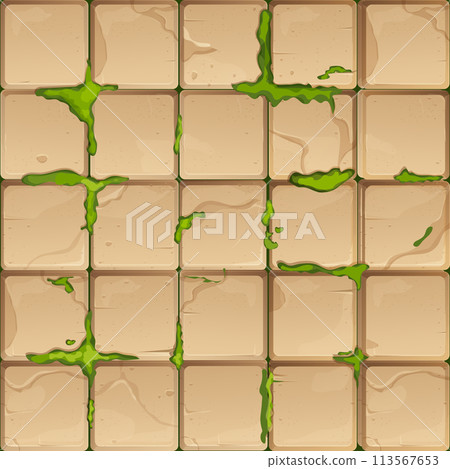 Stone brick with moss old game wall, medieval path, road seamless tile background. Green grass or textured moss, detailed cracked surface. Stone brick with moss old game wall, medieval path, road seamless tile background. Green grass or textured moss, detailed cracked surface. 113567653