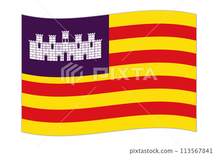 Waving flag of Balearic Islands, administrative division of Spain. Vector illustration. 113567841