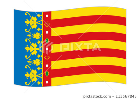 Waving flag of Valencian Community, administrative division of Spain. Vector illustration. Waving flag of Valencian Community, administrative division of Spain. Vector illustration. 113567843
