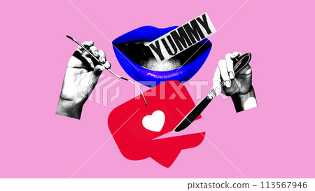 Poster. Contemporary art collage. Artwork featuring lips with YUMMY text, fork, knife, and heart notification bubble. Popularity. Poster. Contemporary art collage. Artwork featuring lips with YUMMY text, fork, knife, and heart notification bubble. Popularity. 113567946