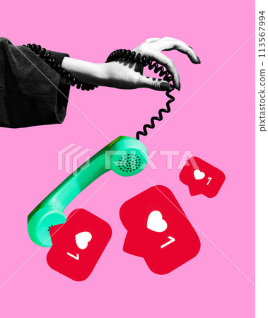 Poster. Contemporary art collage. Hand holding retro headset, phone with floating of it signs of likes against pink background. Poster. Contemporary art collage. Hand holding retro headset, phone with floating of it signs of likes against pink background. 113567994