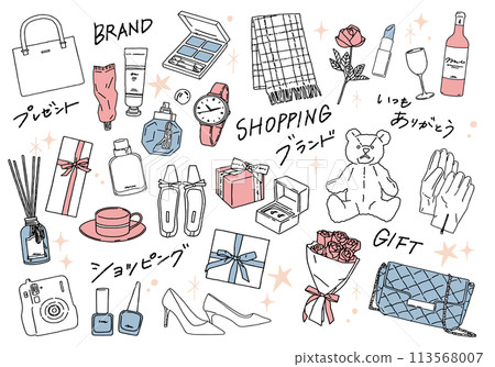 女性禮品/時尚配件、配件、箱包、化妝品、禮品盒的向量插圖 女性禮品/時尚配件、配件、箱包、化妝品、禮品盒的向量插圖 113568007