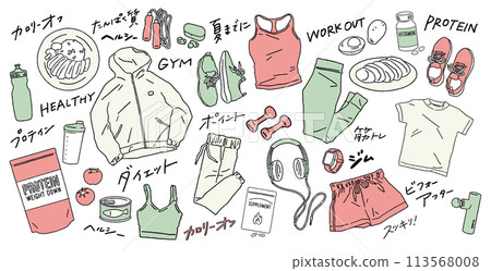 以健身服、運動、肌肉訓練、雞胸肉、蛋白質等飲食為主題的手寫風格向量插圖。 以健身服、運動、肌肉訓練、雞胸肉、蛋白質等飲食為主題的手寫風格向量插圖。 113568008