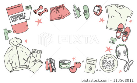 以健身服、運動、肌肉訓練、蛋白質等飲食為主題的手寫風格向量框架插圖。 以健身服、運動、肌肉訓練、蛋白質等飲食為主題的手寫風格向量框架插圖。 113568011