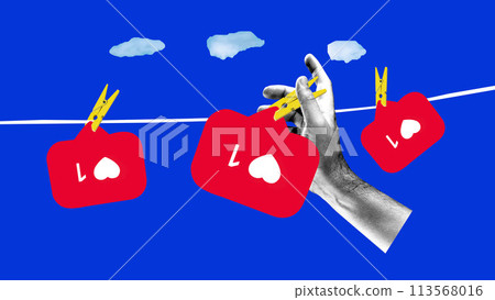 Poster. Contemporary art collage. Hand attaches like signs with clothespins like clothes on rope against vibrant blue background. 113568016