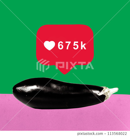Poster. Contemporary art collage. Fresh eggplant with likes icon lying against green-pink background. Poster. Contemporary art collage. Fresh eggplant with likes icon lying against green-pink background. 113568022