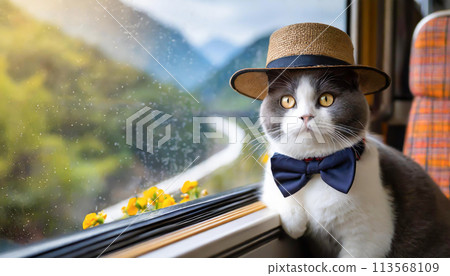 A cat looking at the scenery from a train window - Traveling cat 113568109