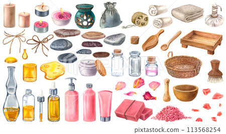 Hand drawn watercolor illustration of candles, basket, glass bottles, thai herbal ball, tray, spoon, scoop, bowl, salt, towels, loofah, aroma lamp, pouch, pebbles, rose petals on isolated background. 113568254