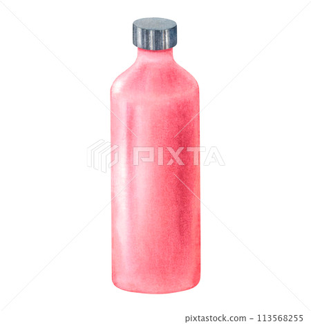 Empty plastic cosmetic bottle in pastel pink color for body care, spa, skin care concept. Hand drawn watercolor illustration isolated on white background. Container for gel, lotion, shampoo, bath foam 113568255