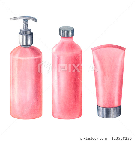 Plastic cosmetic bottle with dispenser airless pump, cream tube, bottle for shampoo. Pink containers for liquid gel, bath foam. Hand drawn watercolor illustration isolated on background. For design. Plastic cosmetic bottle with dispenser airless pump, cream tube, bottle for shampoo. Pink containers for liquid gel, bath foam. Hand drawn watercolor illustration isolated on background. For design. 113568256